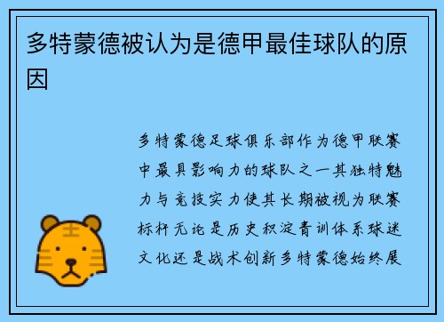 多特蒙德被认为是德甲最佳球队的原因