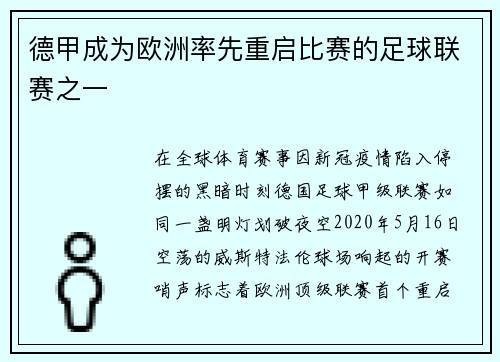 德甲成为欧洲率先重启比赛的足球联赛之一